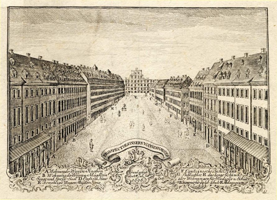 Weitere Einzelheiten Hof der Franckeschen Stiftungen (Kupferstich, um 1750)