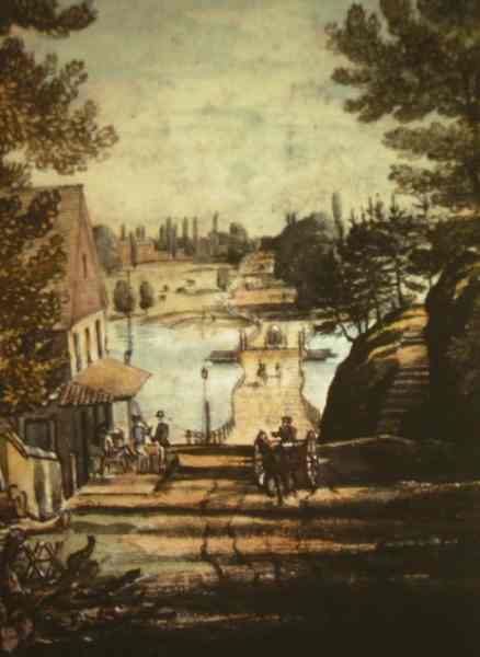 one engraving from the Columbian Magazine is more than a topographical document. It is what is left to us of a whole way of feeling about life. What Came Later. Just thirty years after Peale’s engraving, the English traveler Joshua Rowley Watson drew the same place in 1816 in watercolor — the Lower Bridge across the Schuylkill at Gray’s Ferry, with a few walkers on the footway, a wagon, the hilly opposite bank, houses on the city-side approach. Joshua Rowley Watson, 1816: Lower Bridge on Schuylkill at Gray’s Ferry, watercolor.