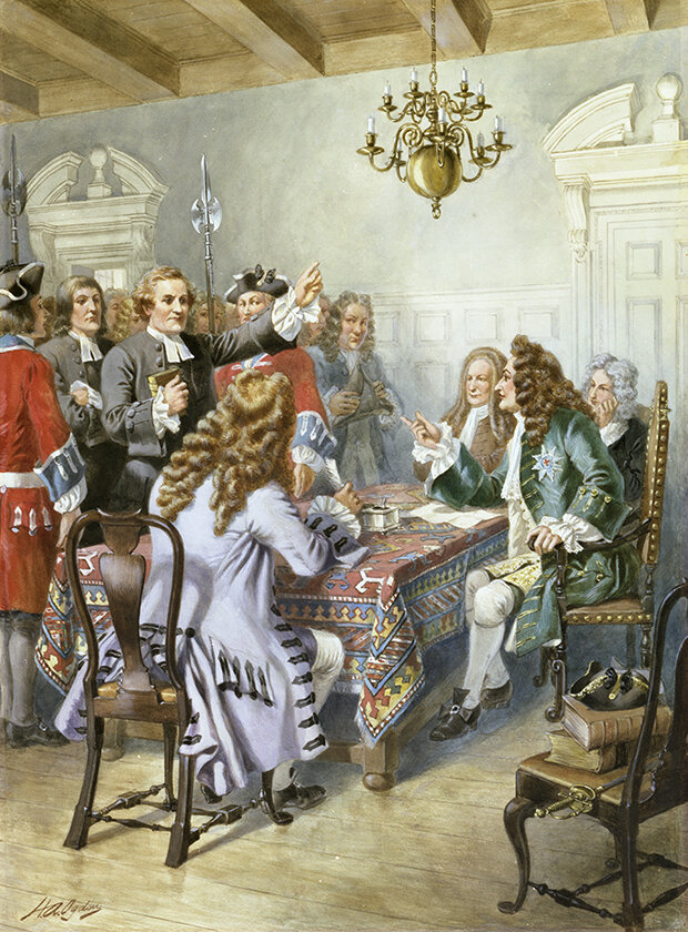 The Rev. Francis Makemie (standing) before Lord Cornbury on 23 January 1707, charged with preaching without a licence from the British crown; by Henry Alexander Ogden.
