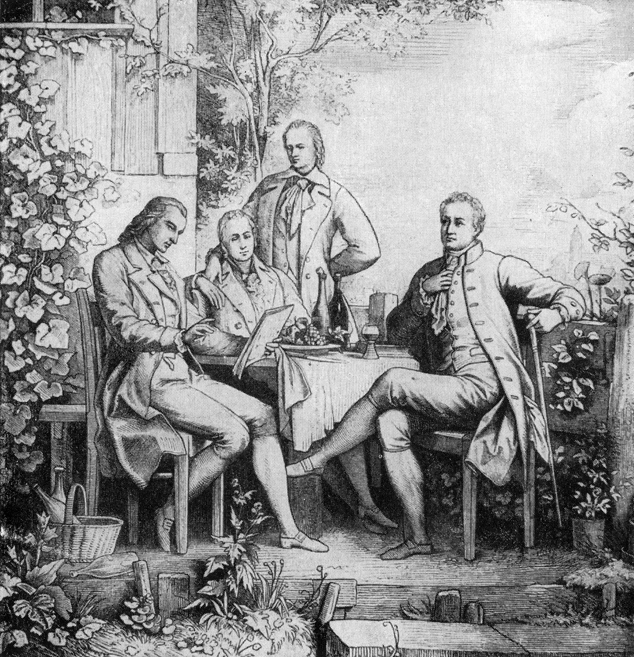 Wilhelm (second from left) with Schiller, his brother Alexander, and Goethe in Jena
