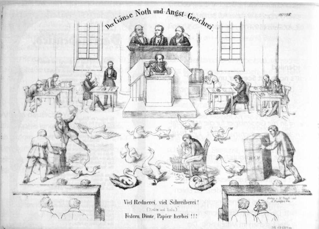 Die Nationalversammlung wurde häufig Ziel von Satire. Dieser Karikaturist stellt sich die vielen Gänsefedern vor, die man beim Protokollieren der Reden verbraucht haben mag. Von Ws-KuLa - Eigenes Werk, CC BY-SA 3.0
