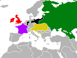 Europäische Großmächte um 1840: rot Großbritannien lila Frankreich schwarz Preußen gelb Österreich grün Russland, von 23PowerZ - File:File:BlankMap-World-1840.png, GFDL
