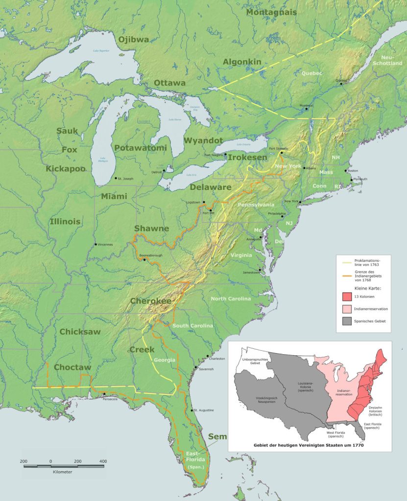 Östliches Nordamerika im Jahre 1770 mit der Proklamationslinie nach der Königlichen Proklamation von 1763 (gelb) und nach dem Vertrag von Fort Stanwix 1768 (orange)