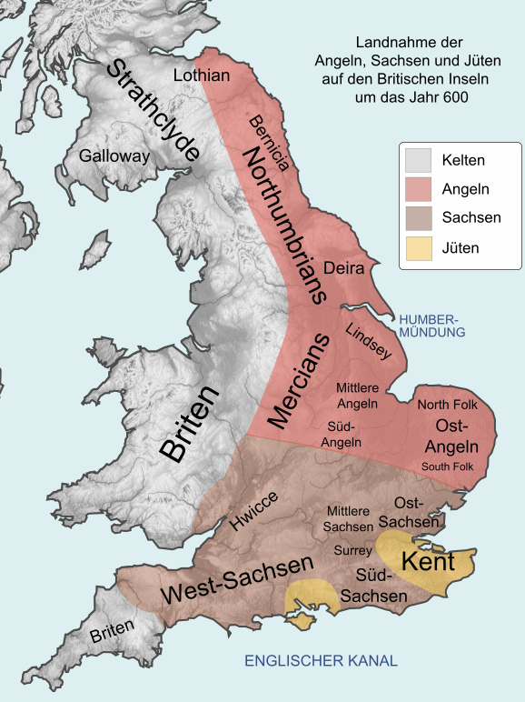 Landnahme der Angeln, Sachsen und Jüten um das Jahr 600; die Briten halten den Westen. Karte: Furfur (nach Wereon/Hel-hama), CC BY-SA 3.0 (Wikimedia Commons)