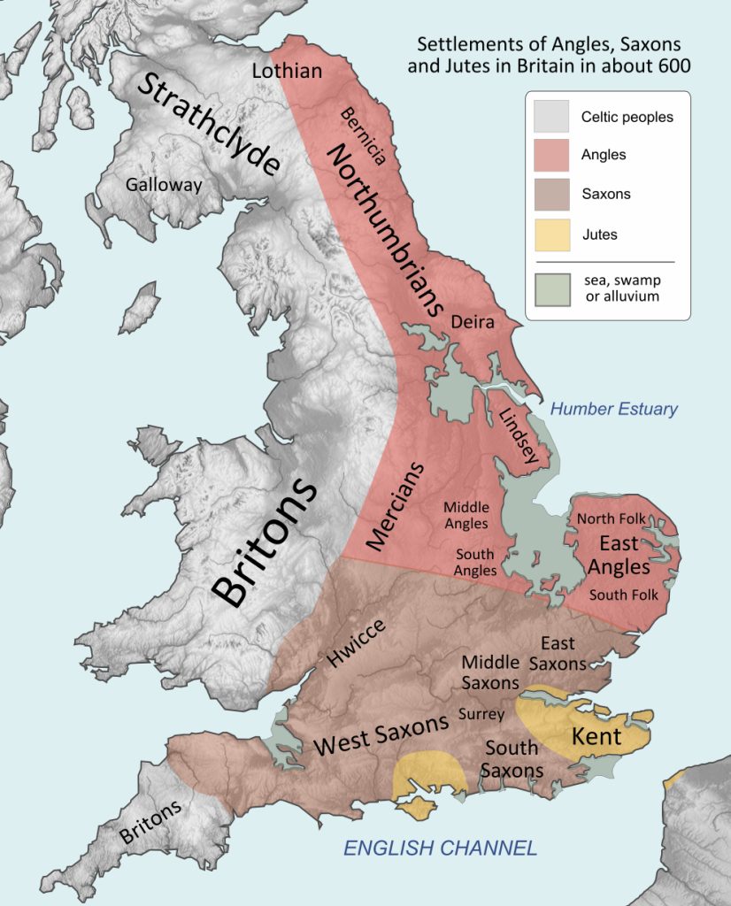 Settlements of Angles, Saxons and Jutes in Britain about 600; the Britons hold the west. Map: Hel-hama, CC BY-SA 3.0 (Wikimedia Commons)
