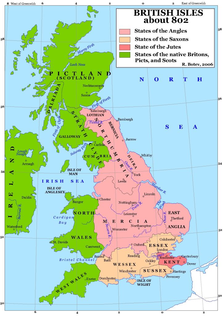 The British Isles about 802 — the realms of the Angles, Saxons and Jutes, and the Celtic kingdoms that survived at the edges. Map: R. Botev (2006), public domain.