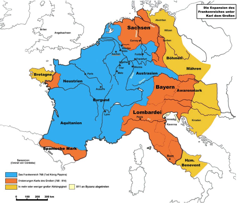 The expansion of the Frankish empire under Charlemagne (768–814); Saxony is subdued by the sword. Map: Wolpertinger (ed. Tsui), CC BY-SA 3.0 (Wikimedia Commons)
