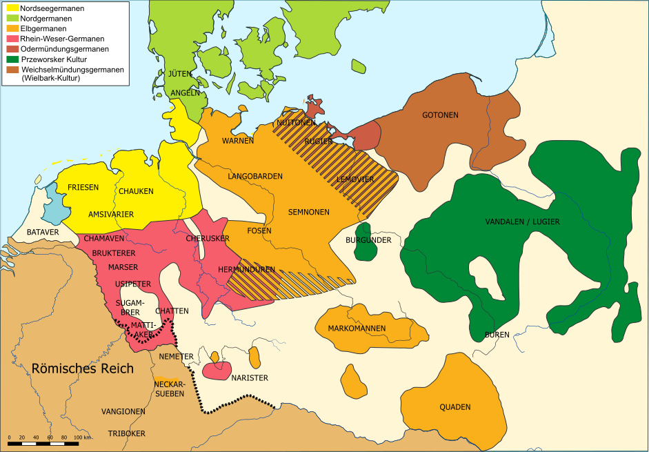 Germanic tribes around AD 50 — Angles, Saxons, Jutes and Frisians alongside Lombards, Goths and Vandals. Map: Karl-Udo Gerth, public domain.