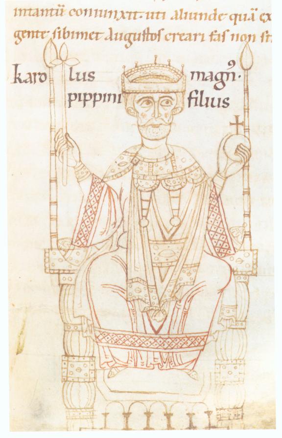 Charlemagne enthroned — from the chronicle of Ekkehard of Aura (12th c.), public domain