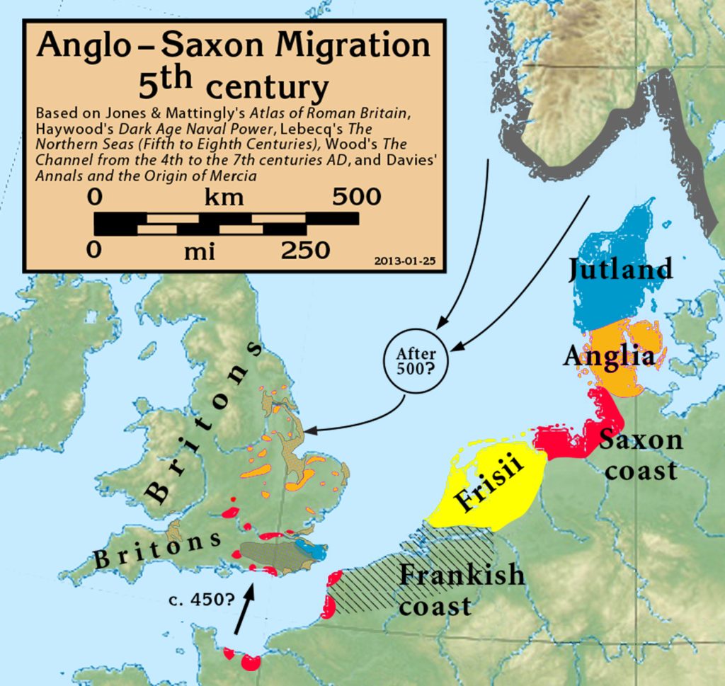 The Anglo-Saxon migration in the fifth century — Jutes, Angles, Saxons and Frisians cross the North Sea. Map: Notuncurious, CC BY-SA 3.0 (Wikimedia Commons).