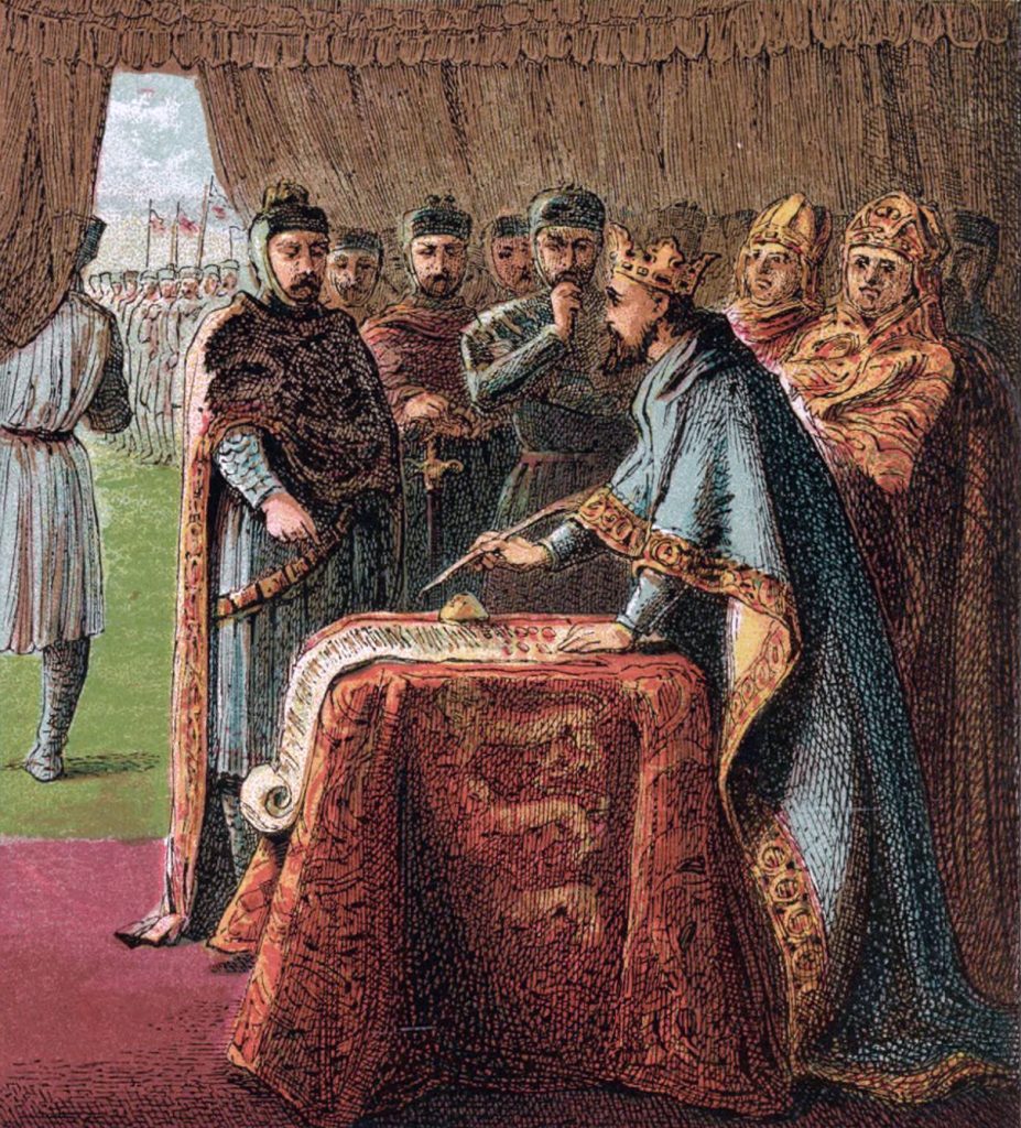 King John sets his seal to Magna Carta — a historicising depiction by Joseph Martin Kronheim (1810–96), 1868, public domain.