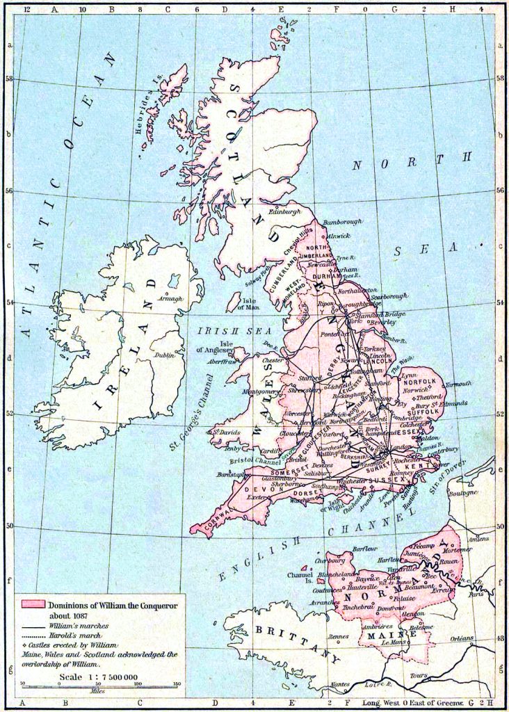 William the Conqueror’s dominions around 1087. Map from the Historical Atlas by William R. Shepherd, public domain.